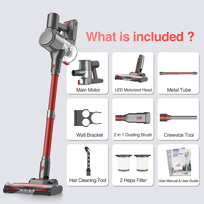 Zefiro Cordless Vacuum Cleaner for Home450W /40Kpa 50Mins Stick VacuumAnti-Tangle 1.5L Dust Cup Rechargeable Wireless Handheld Vacuum for Pet Hair/Carpet/Floor