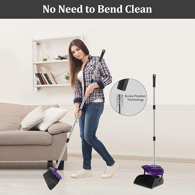 Broom and Dustpan Set 51 Long Handle Broom with Dustpan Combo Set Windproof and Self-Cleaning Teeth Purple Household Dust Pan Set Sweep Kitchen Office Lobby Pet Room