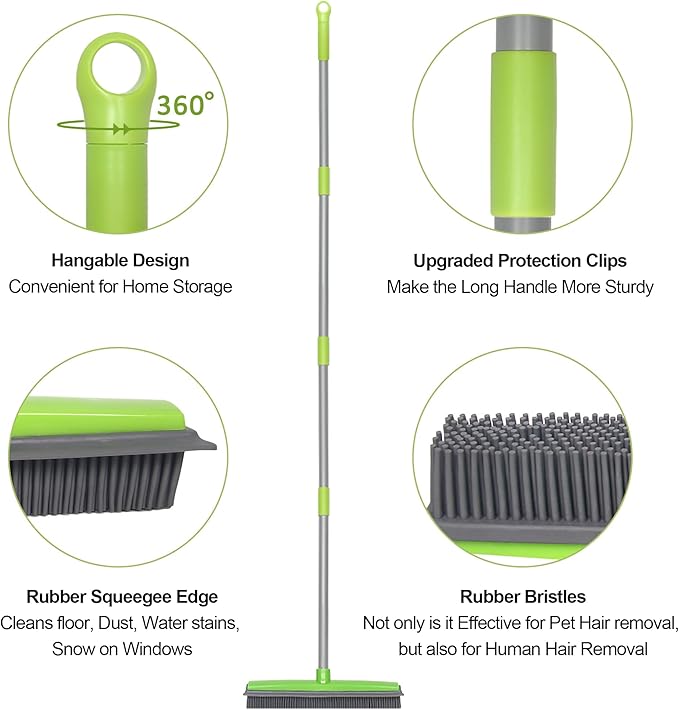 Rubber Broom and Pet Hair Removal Brush Set for Carpet Fur Remover Broom with Squeegee for Wooden Floor Detailing Lint Remover Brush for Pet Dog Cat Hair Car Interior