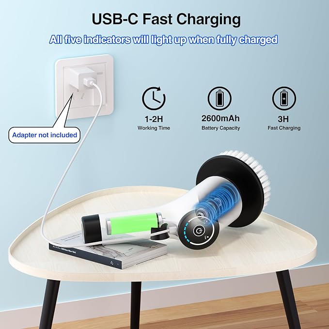 Electric Spin Scrubber Cordless Cleaning Brush with 8 Replaceable Brush Heads and Adjustable Extension Handle Power Scrubber Dual Speed Shower Scrubber for Tub Tile Floor Bathroom Kitchen Car