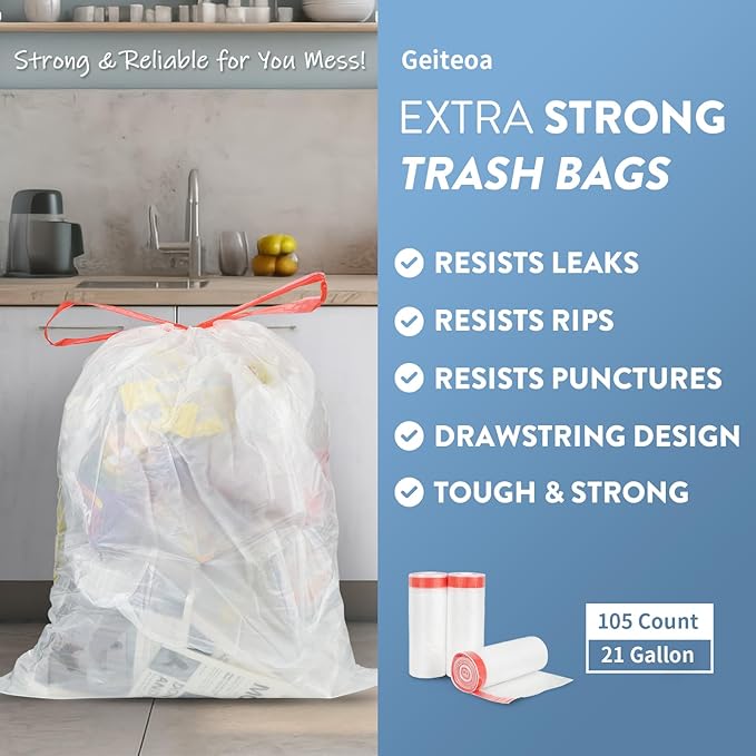 21 Gallon Kitchen Trash Bags with Drawstring Fit 20-21 Gal Large Garbage Bags - 28 x 33.5 (Clear White) Heavy Duty Plastic Trash Liners for Kitchen Lawn Yard Office Commercial (105 Count)