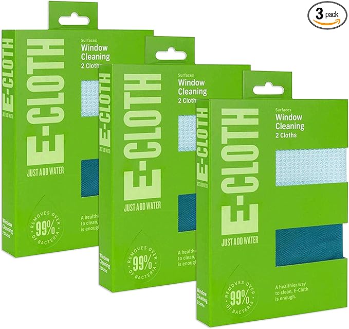 E-Cloth 3-Pack Window Cleaning Cloth - Streak-Free Glass &amp Mirror Cleaning Kit with Just Water Glass Cleaning Cloth Microfiber Towel Kit for Windows Car Windshield Mirrors - Alaskan Blue