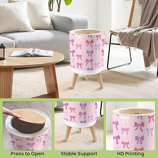 Bathroom Trash Can with Lid Pink Bows Ribbons Seamless Valentines Design Coquette core Handdrawn Garbage Bin Waste Basket for Kitchen Office Bedroom Decoration Diaper Pail 1.8 Gallon