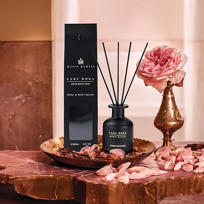 Matin Martin Lady Roza Reed Diffuser 5 oz - Luxury Aromatherapy with Rose &amp Red Fruits - Home Decor Gift for Bedroom Office Living Room Bathroom - Long Lasting Scent with Premium Fragrance Stic