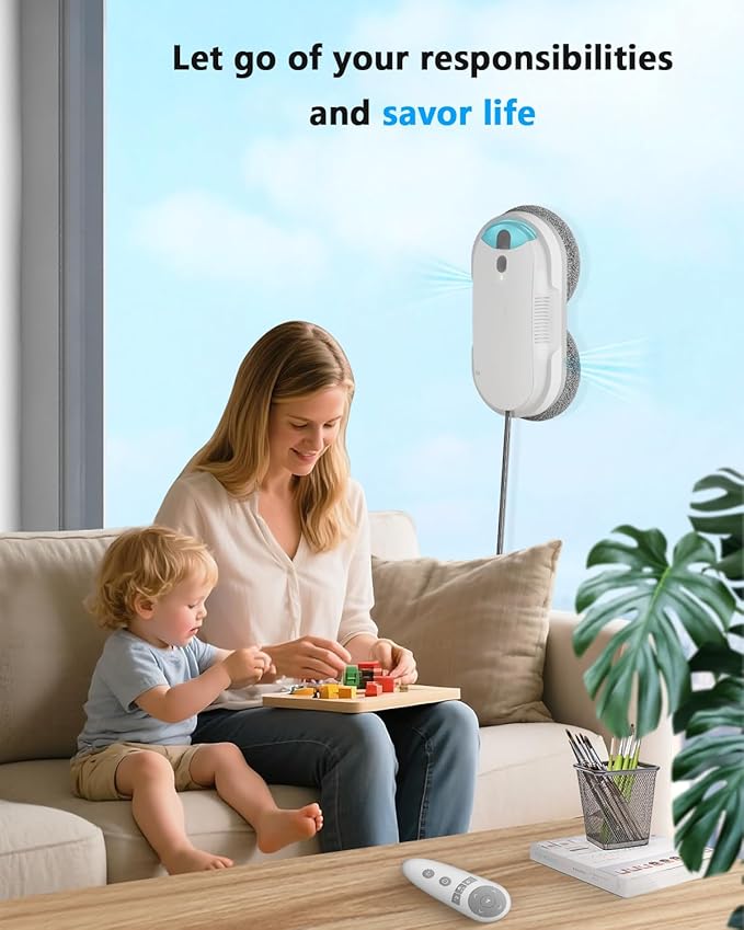 Smart Window Cleaning Robot with bidirectional ultrasonic Spray &amp 85ml Tank - Automatic Edge Detection 2400-3200pa Strong Suction Anti-Drop Protection for Effortless Cleaning