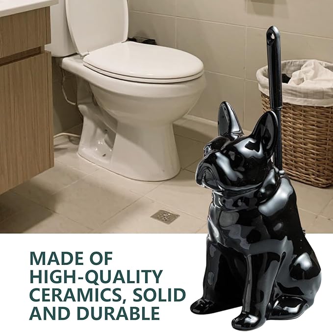 Toilet Brush Holder Set for Bathroom Cute Dog Base Solidly Toilet Bowl Brush Holder and Decorative Bathroom Ceramic Cleaning Kit with Brush and Holder (Black)