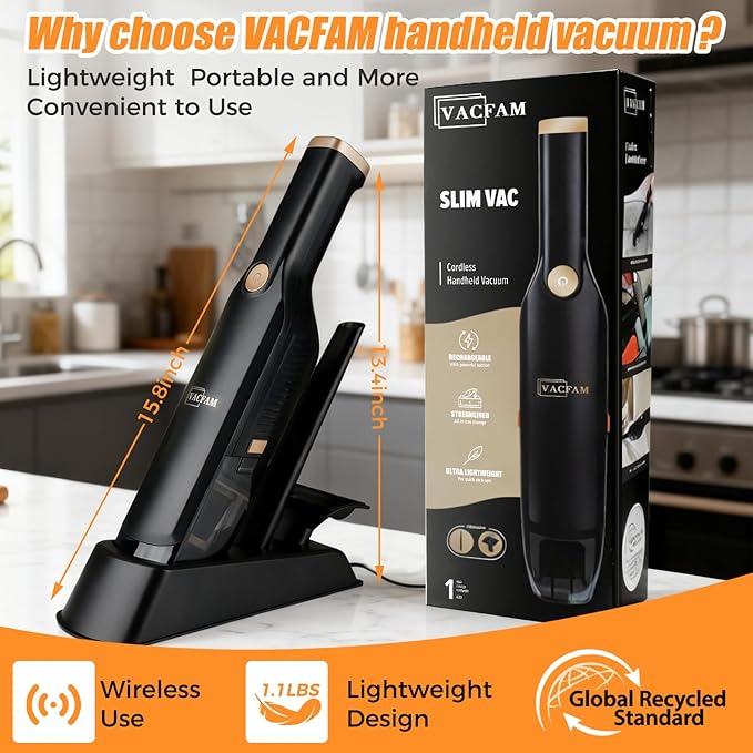 Handheld Vacuum CordlessDust Busters Cordless with Storage Dock15KPA High Power Portable Vacuum VordlessUSB Quick ChargeMini Vacuum with Multi-Nozzles &amp Washable FilterBlack
