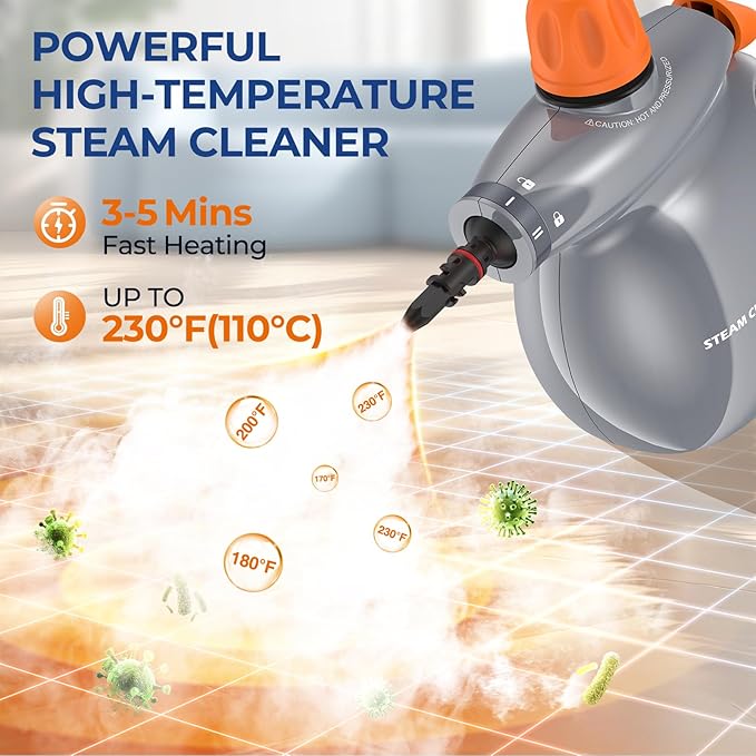 LABIGO Steam Cleaner Pressurized Handheld 13pcs Multi-Purpose Natural Deep Cleaning Steamer Portable Steamer for Cleaning Home Grout Kitchen Car Window Upholstery Bathroom and Clothes Gray