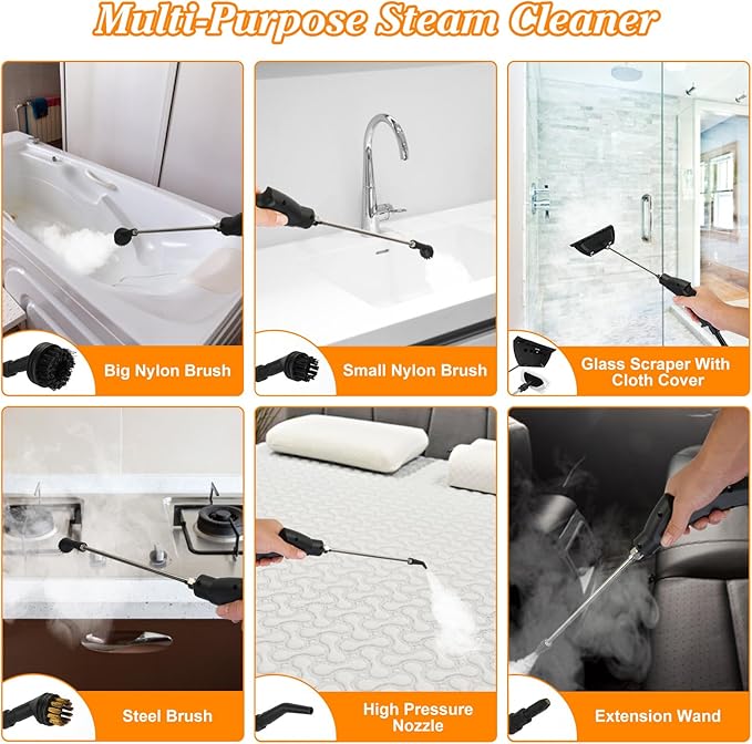 Handheld Steam Cleaner 2500W Portable Steamer with 6.56FT Long Hose 6-Level Adjustable 15s Heat-Up 1.2L Large Tank Multi-Purpose Steamer for Home Car Bathroom Grease (White)