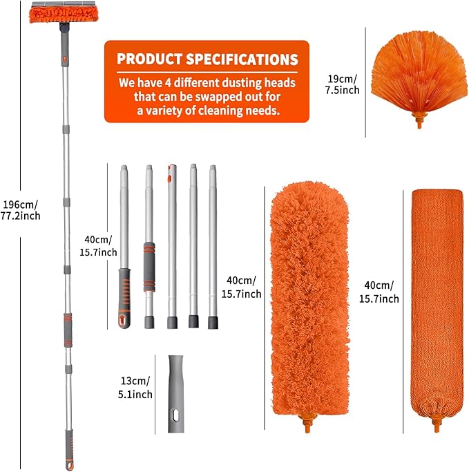 Ceiling Fan Cleaner Duster with 72‘’ Extendable Long Handle Cleaning Duster Kit Reusable Chenille &amp Microfiber Mop Head for High Ceiling Fan Blade Wall Blinds Cobweb