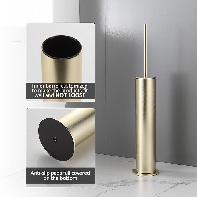 BGL Toilet Brush with Holder Set Brushed Gold Aluminium Standing for Bathroom Toilet Bowl Cleaner Brush and Holder Set Round Design