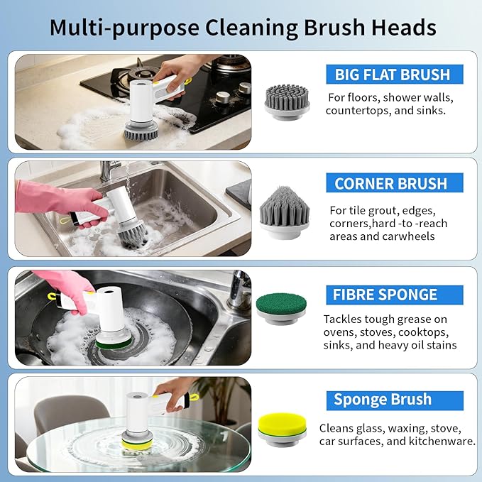 3000mAh Cordless Electric Spin Scrubber 20W High-Torque IPX7 Waterproof Cleaning Brush with 6 Replaceable Heads Dual Speed 150-180 Mins Runtime for Kitchen Bathroom Car