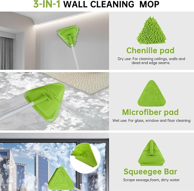 Wall &amp Baseboard Cleaner Mop Tool with 82'' Long Handle 360 Degree Rotating 3-in-1 Ceiling Cleaning Tool Duster for Cleaning Painted Walls Window Floor 6 Replacement Microfiber Chenille Pads