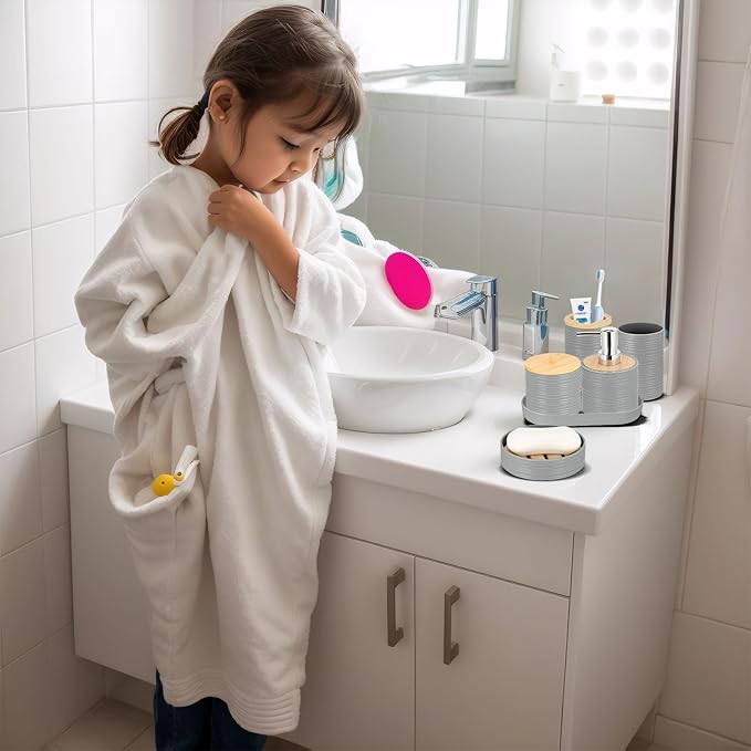 IMAVO Bathroom Accessory Set-11Pcs Grey Bathroom Accessories Set with Trash CanSoap DispenserSoap DishToothbrush HolderToothbrush CupToilet Brush HolderQtip Holder Dispenser with Labels