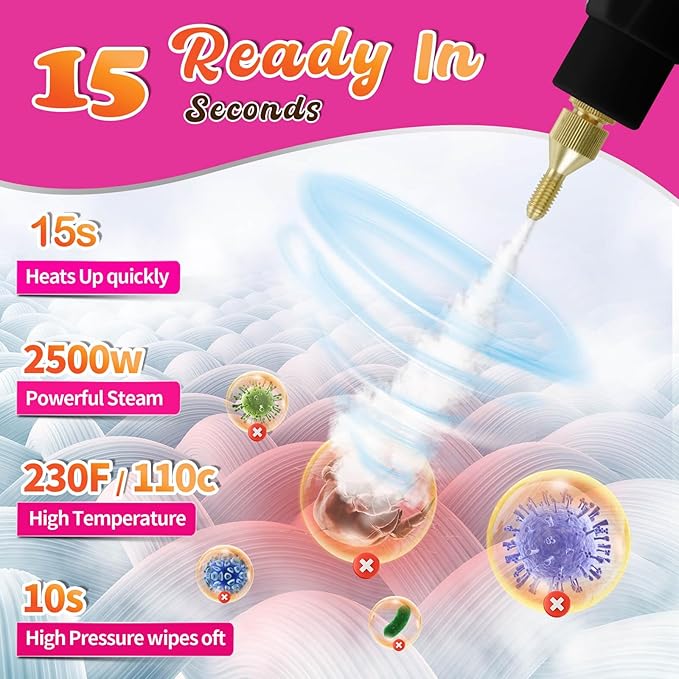 2500W Handheld Steam CleanerSteamer for Cleaning15SFast Heating High Pressure Portable Steam Cleaner (Red-(New Version))