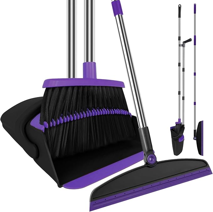 Broom with Dustpan Combo Set and Silicone Air Broom Kit 51 Long Handle Floor Squeegee Purple Household Kit for Glass Window Rugs Pet Hair Home