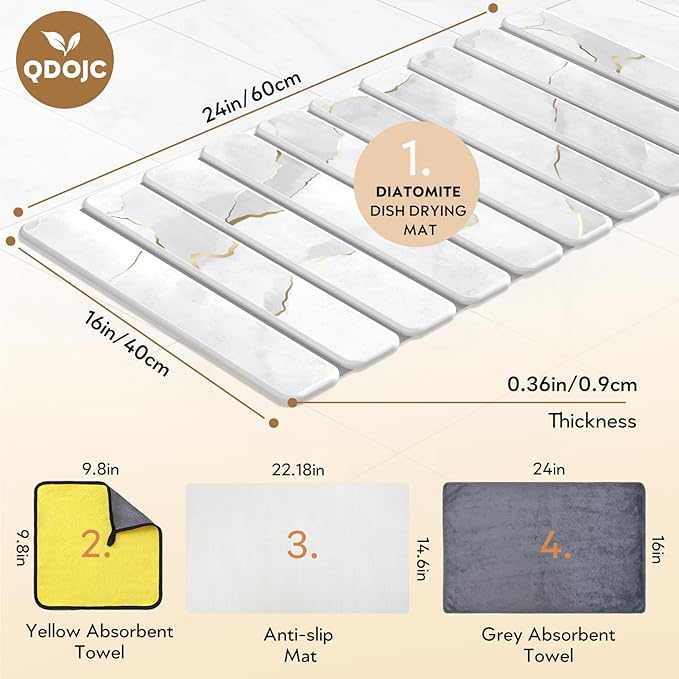 Diatomaceous Earth Dish Drying Mat Foldable Quick Dry Stone Drying Mats for Kitchen Counter Countertop Water Absorbent Stone Bath Mat for Bathroom with Towels Non Slip Pad 24×16
