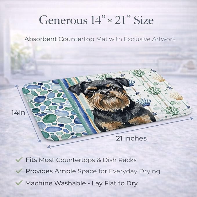 Caroline's Treasures Black and Tan Brussels Griffon Coastal Sea Glass Dish Drying Mat Absorbent Dish Drying Mat Pad for Kitchen Counter Dish Drainer Mat for Countertop 14 x 21 Multicolor