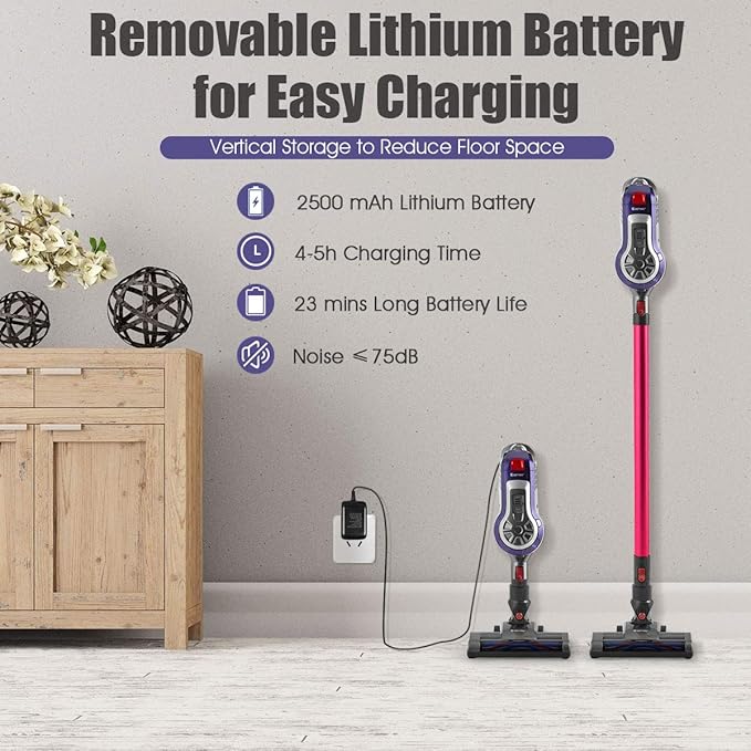 COSTWAY 16KPa Cordless Bagless Vacuum Cleaner Lightweight Stick Handheld Vacuum with HEPA Filtration and Brushless Motor Detachable Lithium Battery Rechargeable Ideal for Pet Hair Home Hard Floor