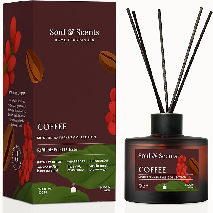 Soul &amp Scents Reed Diffuser Set – Coffee | 7.43 oz Refillable Scented Oil with 6 Fiber Sticks | Long-Lasting Home Fragrance &amp Air Freshener for Bedroom Bathroom Office | Gift &amp Décor Pie