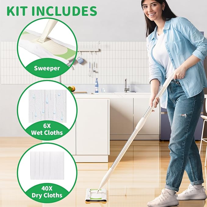 Sweeper 2-in-1 Dry + Wet Cleaning ToolProfessional Floor Mopping and Sweeping Kit Includes 1 Sweeper40 Dry Sweeping Cloths6 Wet Mopping Cloths