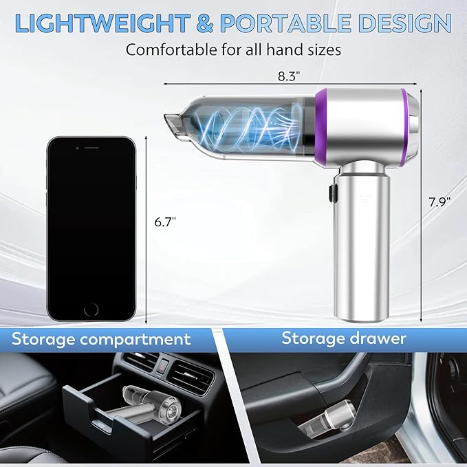 Handheld Car Vacuum Cordless 22000PA Strong Suction Mini Vacuum Cleaner with 100000 RPM Brushless Motor 4-in-1 Portable Vacuum for Car Detailing Camping Home &amp Gift Silver Purple