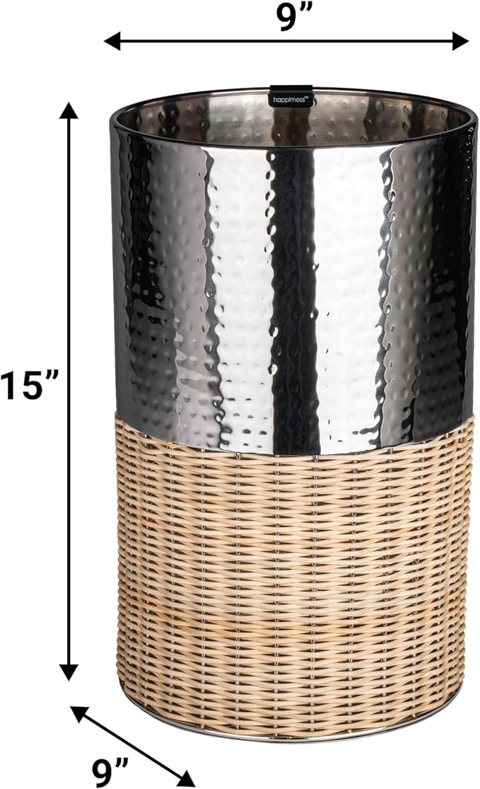 happimess HPM1102B Asher Modern 4.13-Gallon 2-Tone Natural Wicker/Metal Cylinder Waste Basket Chrome/Natural for Home Bathroom Living Room Office Bedroom Kitchen