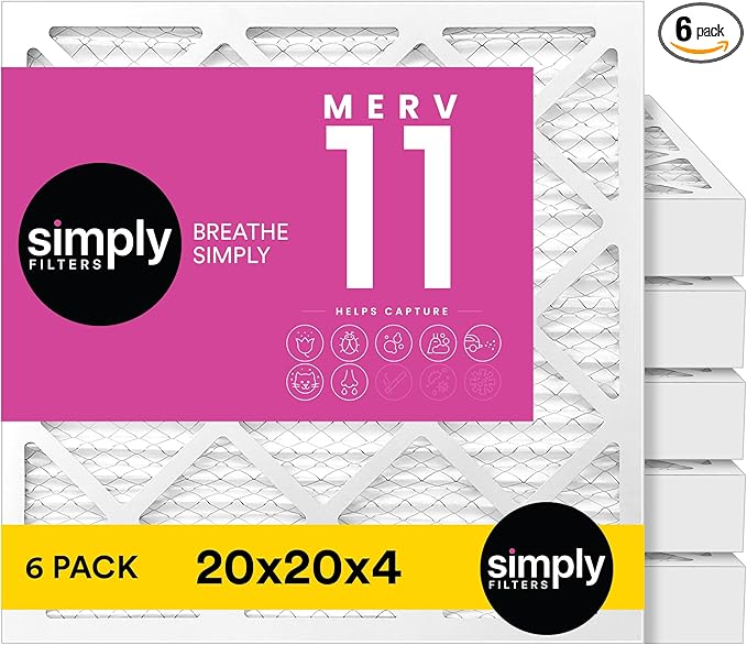 Simply 20x20x4 Air Filter MERV 11 6 Pack Furnace Air Filter for HVAC (Actual Size:19.5x19.5x3.63) DUST Pet &amp Allergy Control