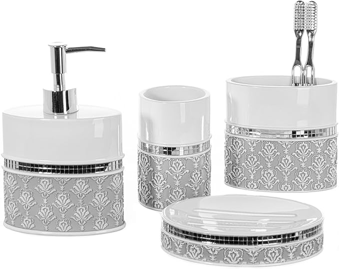 Creative Scents Mirror Damask Bathroom Accessory Set Complete - Decorative 4 Piece White and Gray Bathroom Set Includes: Soap Dispenser Soap Dish Toothbrush Holder and Tumbler