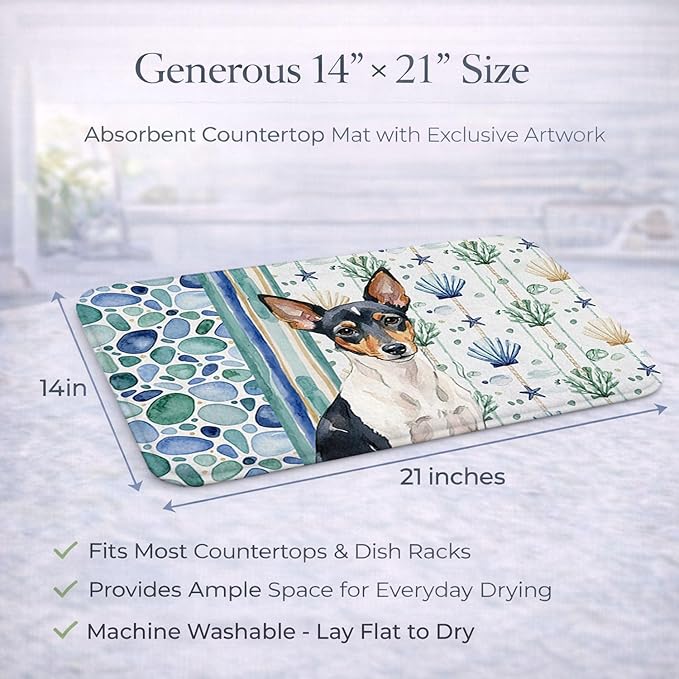 Caroline's Treasures Toy Fox Terrier Coastal Sea Glass Dish Drying Mat Absorbent Dish Drying Mat Pad for Kitchen Counter Dish Drainer Mat for Countertop 14 x 21 Multicolor