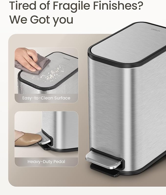 Cesun Small Bathroom Trash Can with Lid Soft Close Step Pedal 5 Liter / 1.3 Gallon Stainless Steel Garbage Can with Removable Inner Bucket Waste Basket for Bathroom Bedroom (Silver)