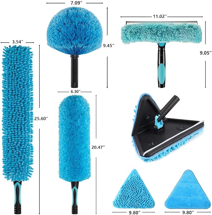 90° Foldable Baseboard Wall Cleaner Mop Cobweb Duster Window Cleaning Squeegee Dusting Kit for Extension Pole(Pole Not Included) (1)