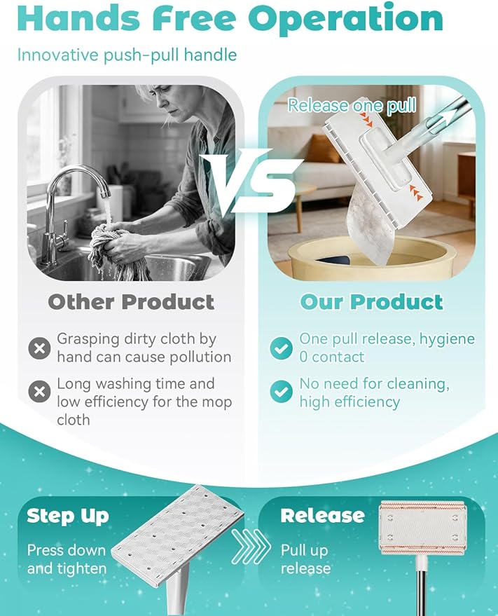 Mini Mop Cloth Changing Mini Mop with 180° Rotating Head Lazy Mops Automatic Gripping Portable Self-Squeeze Small Mops Wet &amp Dry Cleaning for Floors Tile Ceiling (with 10 Cloths)