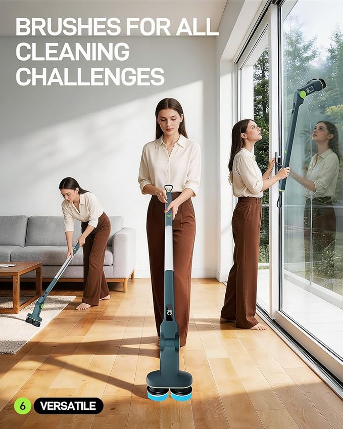 Electric Spin Scrubber Cordless Power Scrubber with Dual Rotating Brush Heads Adjustable Angle Handle 90°-180° 6 Replaceable Attachments IPX7 Waterproof for Bathroom Tile Floor Tub (C1 Plus)