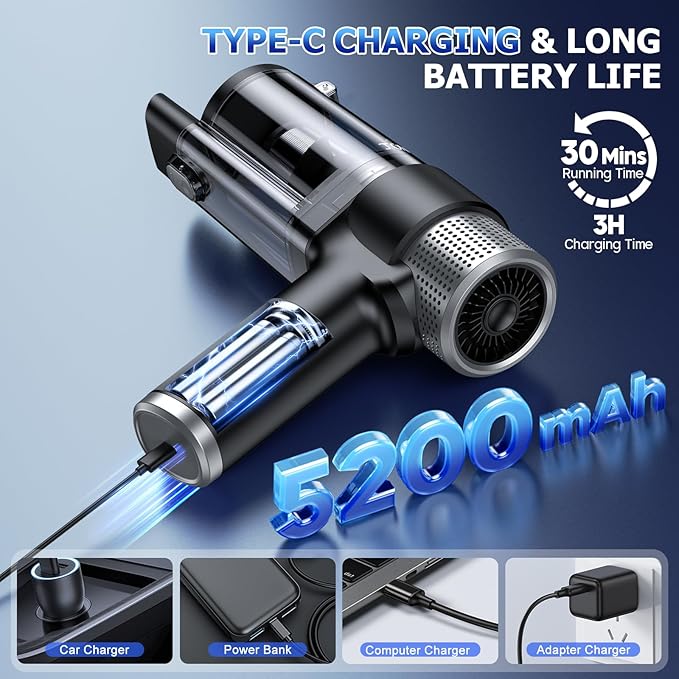 JONYJ Handheld Car Vacuum Cleaner Cordless 16000PA Hand Held Vacuum Portable 2 in 1 Air Duster and Mini Vacuum Cleaner Rechargeable with Led Multi-Nozzles &amp Washable Filters for Home Office Car