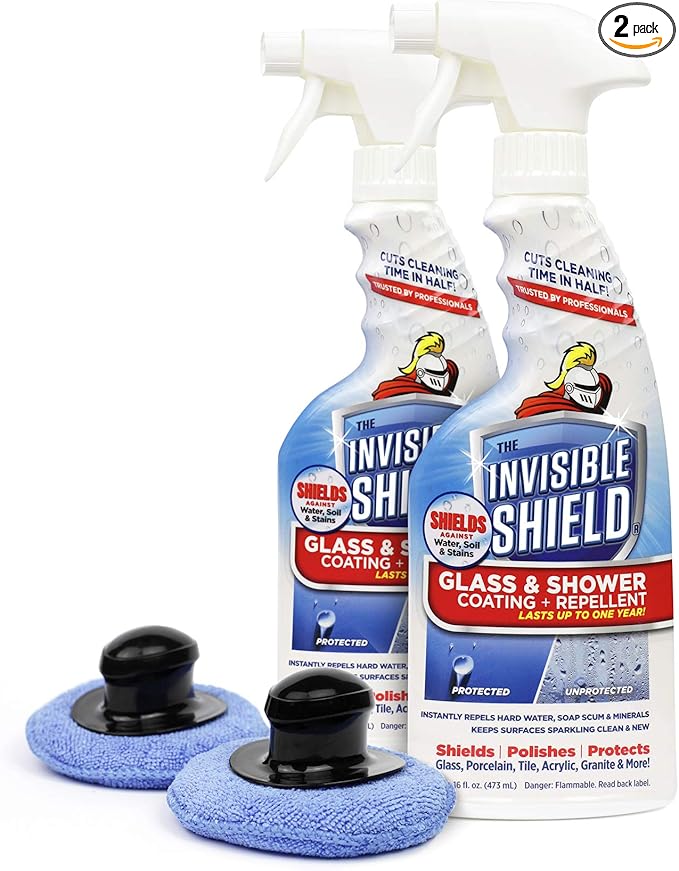 Invisible Shield Protective Glass Shower Coating for Showers Mirrors Windows Tile to Repel Soap Scum and Hard Water Minerals for Easier Cleaning (2 Pack) 16 oz