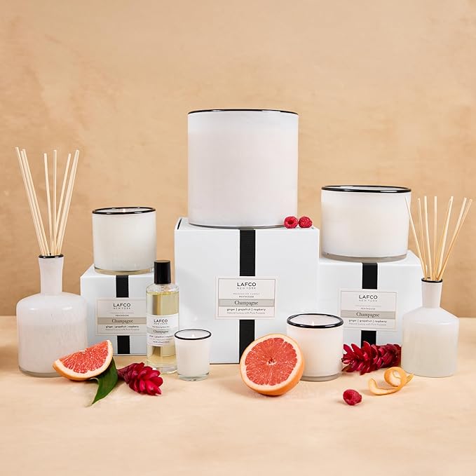 LAFCO New York Signature Reed Diffuser Champagne - 15 oz - Up to 9 Months Fragrance Life - Reusable Hand Blown Glass Vessel - Natural Wood Reeds - Made in The USA