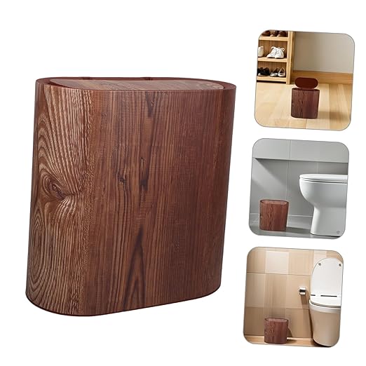 Narrow Bathroom Trash Can with Lid Wood Grain Wastebasket for Kitchen Bedroom Office Odor-Resistant PP Garbage Bin for Small Spaces and Easy to Clean