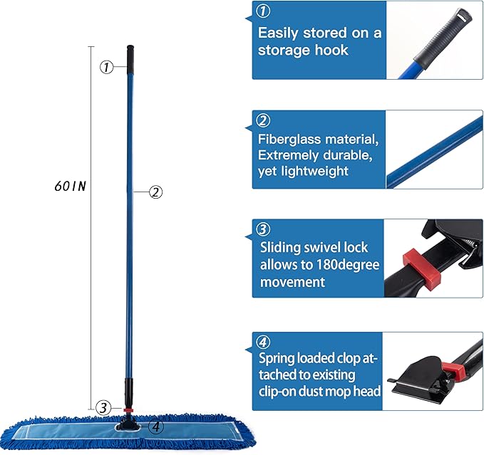 Matthew Cleaning Jaw Clamp Mop Handle Snap-On Fiberglass Dust Mop Handle for Floor Cleaning Gripper Holder with Clip-On Connector for Janitorial Supplies Commercial UseRestaurants 60 Inches Blue