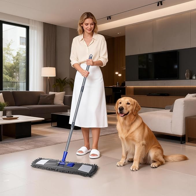 MASTERTOP Microfiber Mop for Floor Cleaning Flat Dust Mop for Home and Kitchen Adjustable Stainless Steel Handle with 4 Washable Pads&amp1 Cleaning Scrape for Hardwood Vinyl