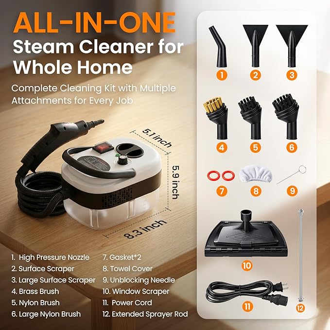 2500W Handheld Steam Cleaner for Home 6-Level High Pressure Steam Gun Steam Machine w/40.6oz Tank Portable Car Steamer for Auto Detailing &amp Cleaning Car Floor Furniture Tile Grout Wall