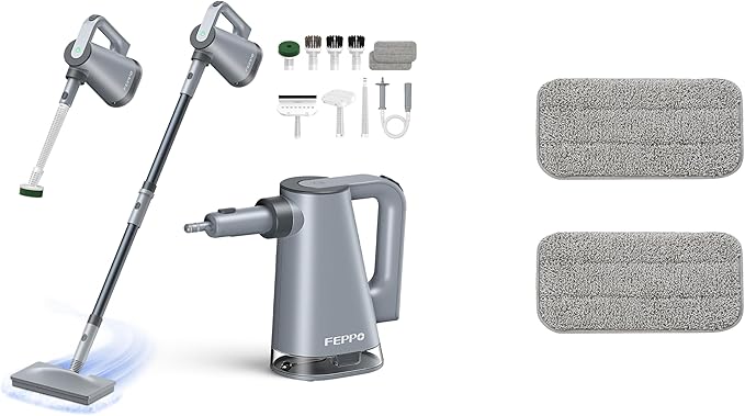 FEPPO 2-in-1 Steam Mop &amp Handheld Cleaner Bundle with 10-in-1 Accessories &amp 4 Washable Pads (Includes 2 Extra Pads) - 1300W Powerful Steamer for Floors Hardwood Tile Grout Windows Kitchen