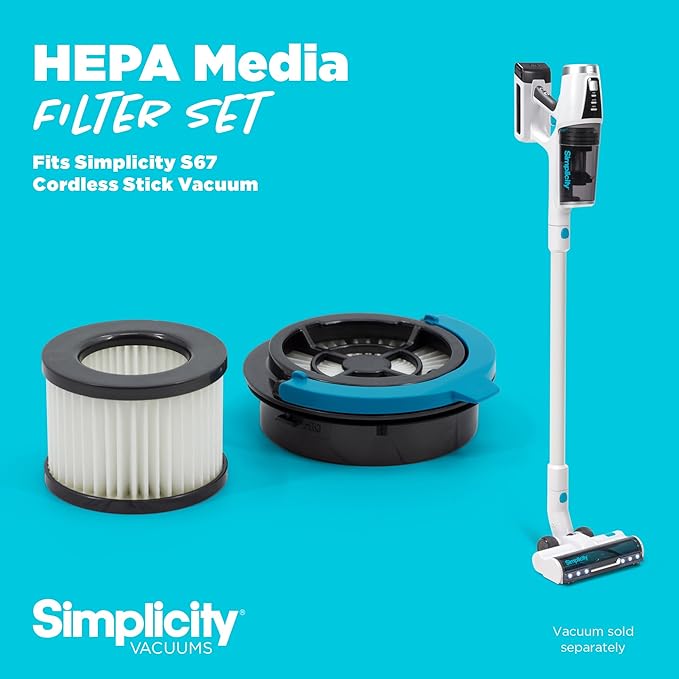 Simplicity Vacuums S67 Bundle Stick Cordless Vacuum Cleaner and SF67 HEPA Media Filter Set Powerful on Hardwood Floor and Carpet Rechargeable Lightweight Cleaner for Home Pet Hair