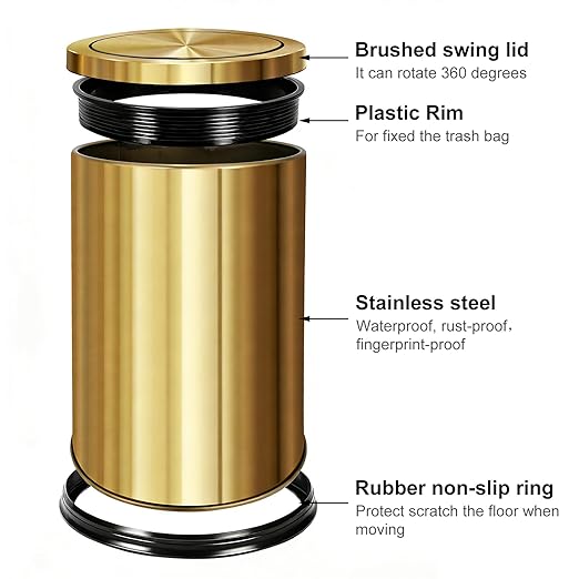 Stainless Steel Gold Trash can with Flipping Lid 2.4gallon Fingerprint-Proof Garbage cans Wastebasket Bin for Kitchen bothroom Living Room (Gold)