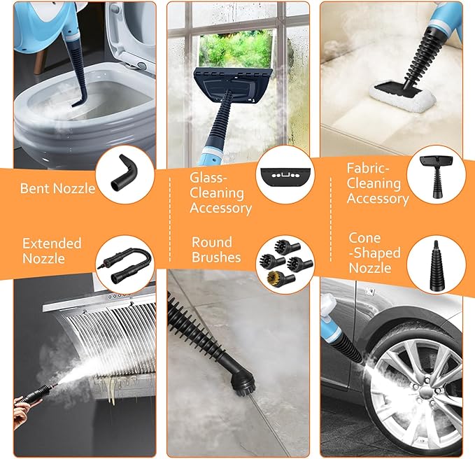 Pressurized Handheld Multi-Surface Natural Steam Cleaner with 12 pcs Accessories Multi-Purpose Steamer for Home Use Steamer for Cleaning Floor Upholstery Grout and Car (Blue)