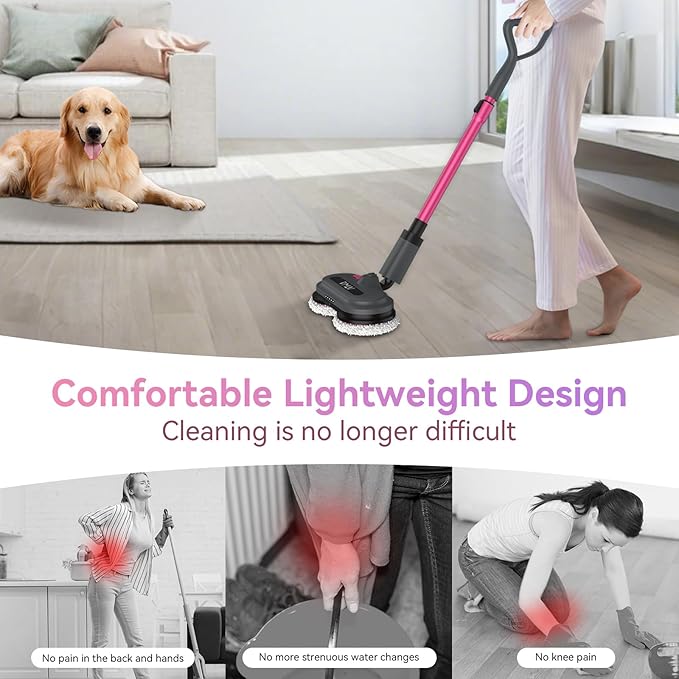 VMAI Cordless Electric Mop for Floor CleaningWater Sprayer Spin Mop with 300ML Water TankLED Lighting and Removable BatteryUp to 60mins Working Time for Hardwood Tile Laminate Marble Floor(Rose)