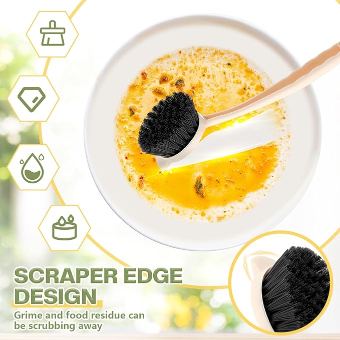 16 Pack Dish Brush with Handle Dish Scrubber Brush with Built-in Scraper Kitchen Scrub with Stiff Bristles Long Scrubber for Home Restaurant Pot Sink Washing Cleaning Supplies Beige