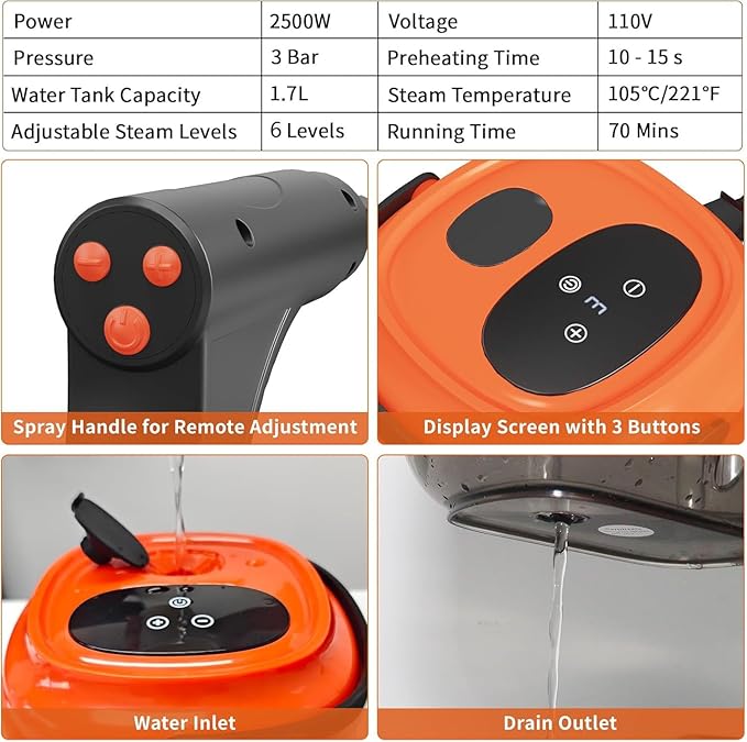 Handheld Steam Cleaner for Home 2500W High Temperature Pressurized Machine 1.7L Water Tank Handle-controlled Steam Output Portable Cleaning Steamer for Car Bed Bugs Furniture Grout Red