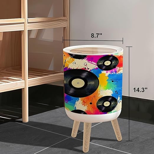 Small Trash Can with Lid Seamless texture vinyl record music notes rainbow watercolor splash 1.8 Gallon/7L Garbage Can Waste Bin with Press Top Lid Wood Legs Wastebasket for Bathroom Kitchen Bedroom