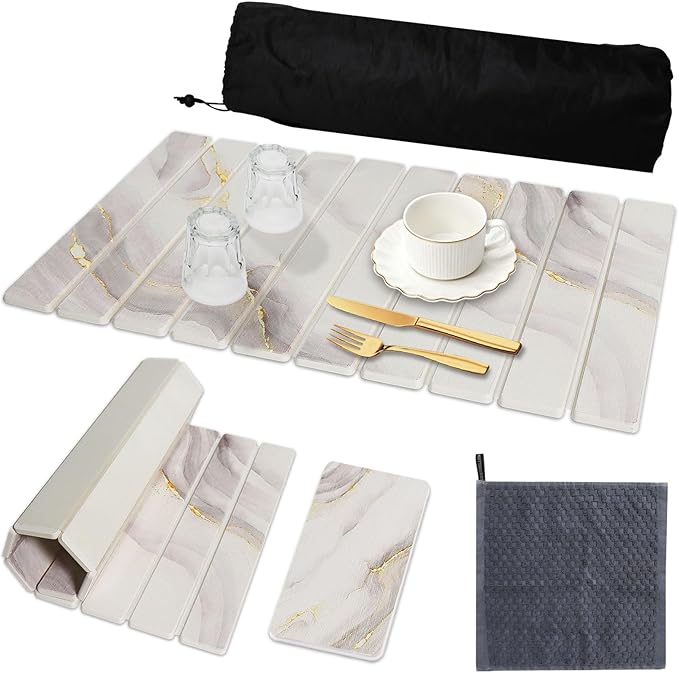 Large Stone Drying Mat for Kitchen Counter 23.3(L)×15.3 (W) Collapsible Dish Drying Mat Eco-Friendly Absorbent Diatomaceous Earth Mat for Dishes Bottles Cups Match Any Countertop (White Gold)